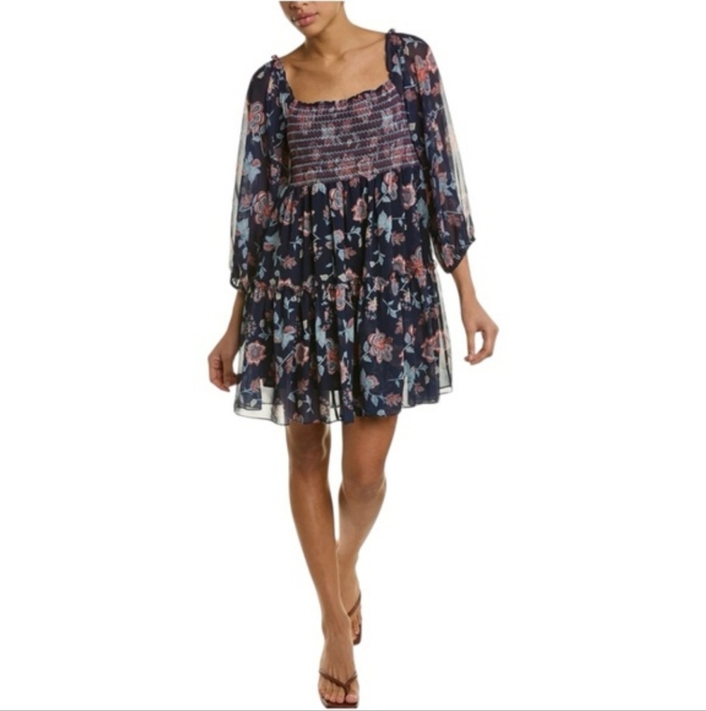 Sachin + Babi Lola Floral Navy Smocked Chiffon Boho Mini Dress Med Cottagecore